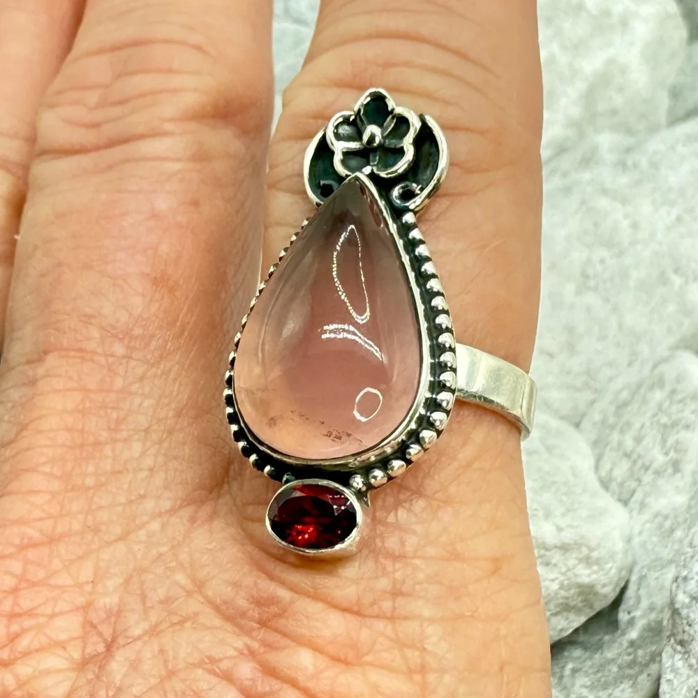 NWT Sterling Silver Rose Quartz & Garnet Ring Size 9 Southwestern Boho 925